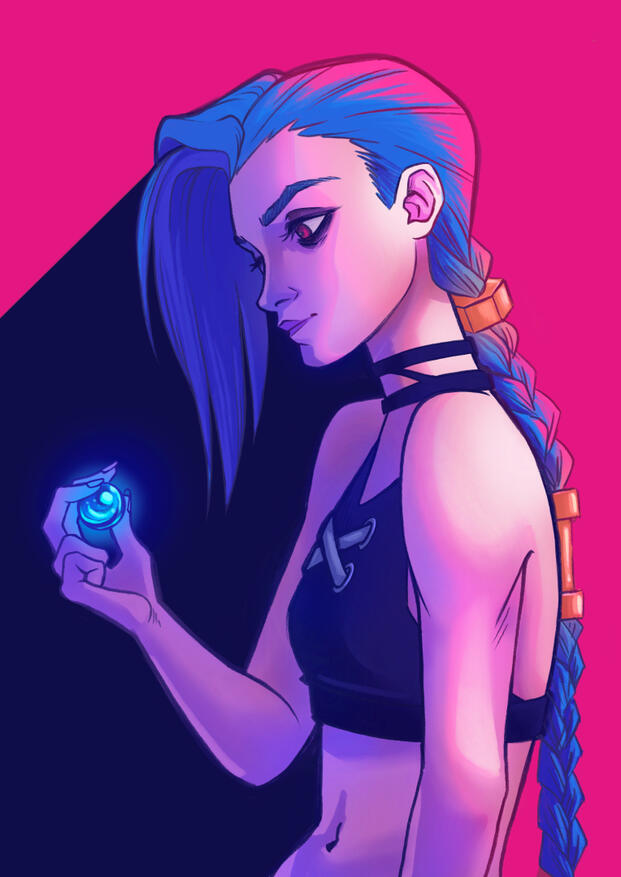 Side profile of the character Jinx from the show Arcane, holding a hexcore.