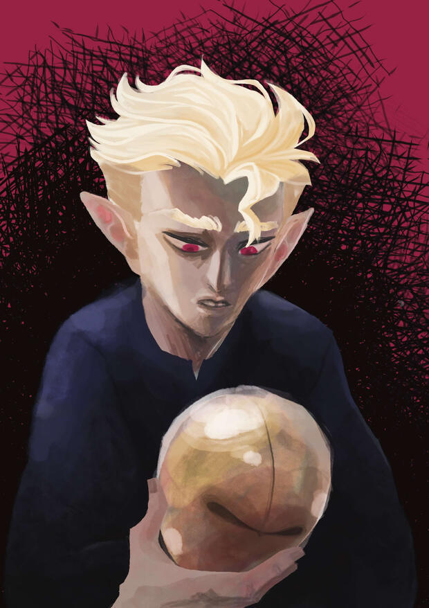 The character Hunter from the show Owl House, looking down at his mask in dread.