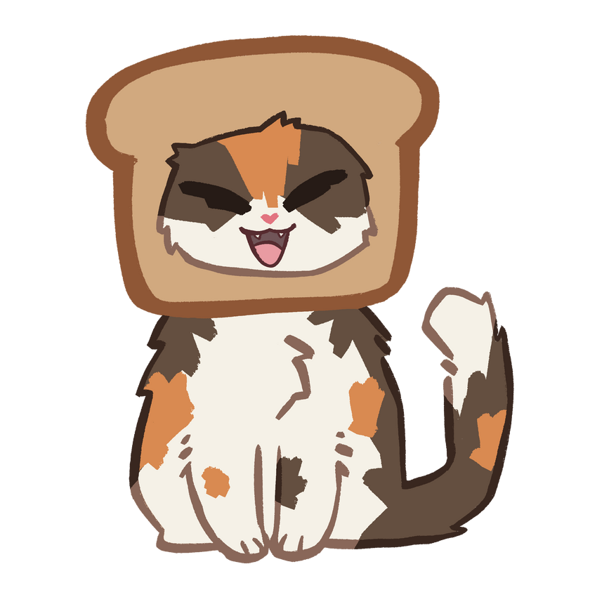 Tricolor cat wearing a piece of toast on her head.