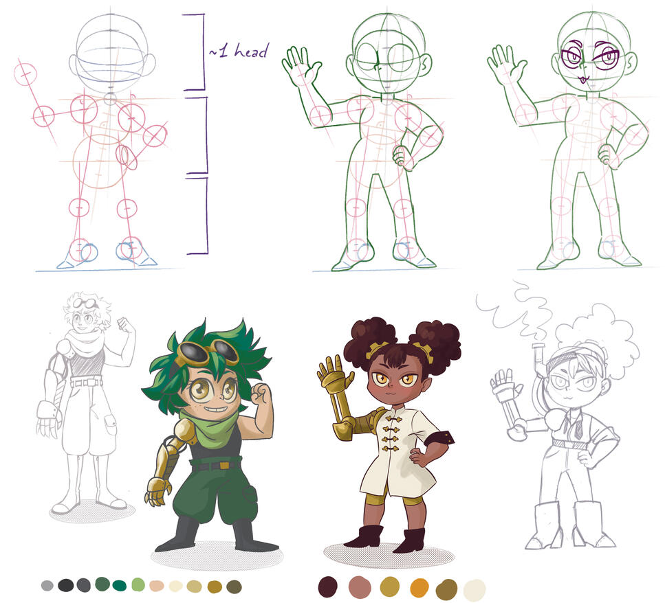 Untitled Concept art of a character design showing different visual variations and proportions.