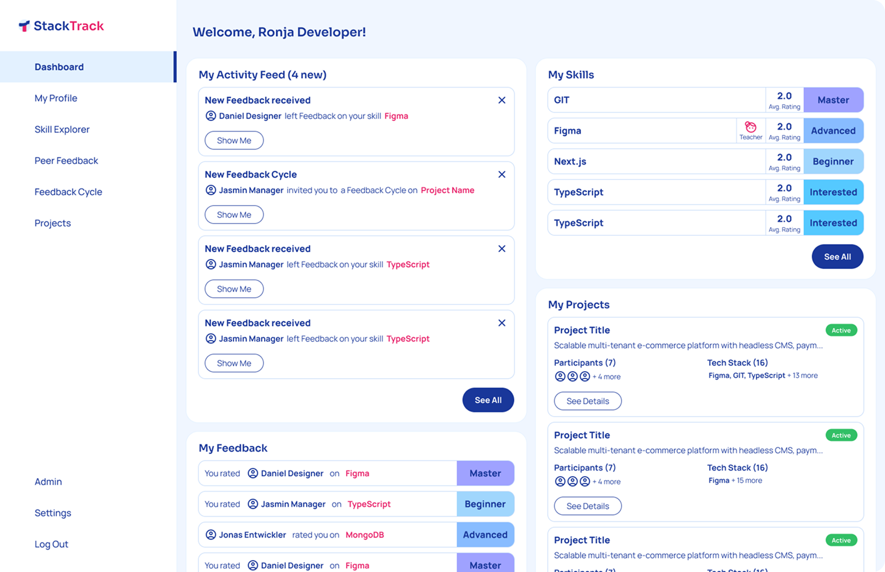 Screenshot of StackTrack Dashboard design before testing