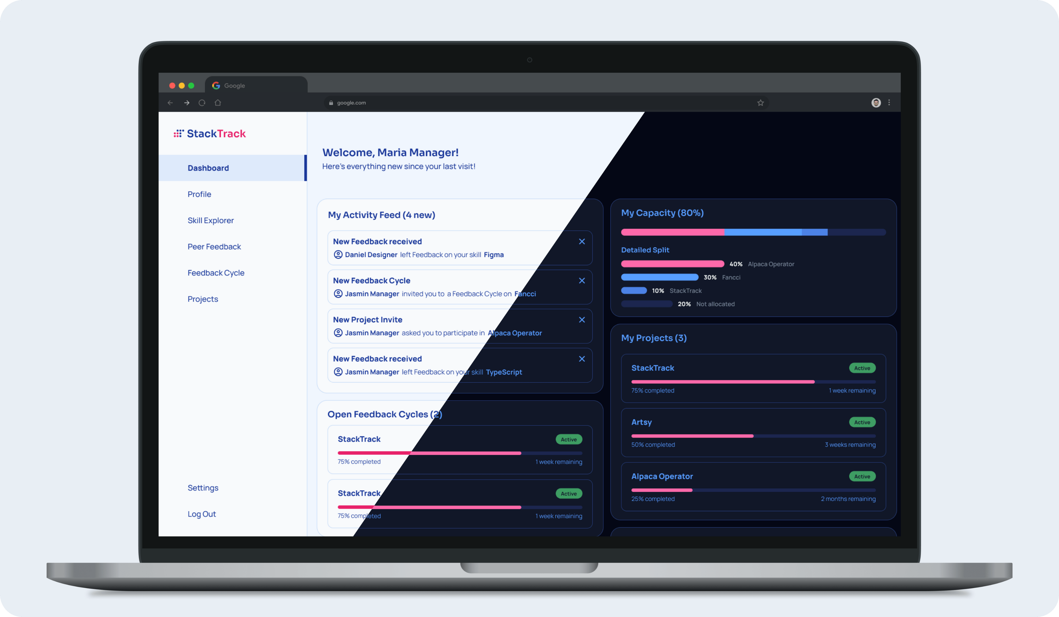 StackTrack Dashboard Screen StackTrack Dashboard, divided in the middle to showcase lightmode and darkmode versions.