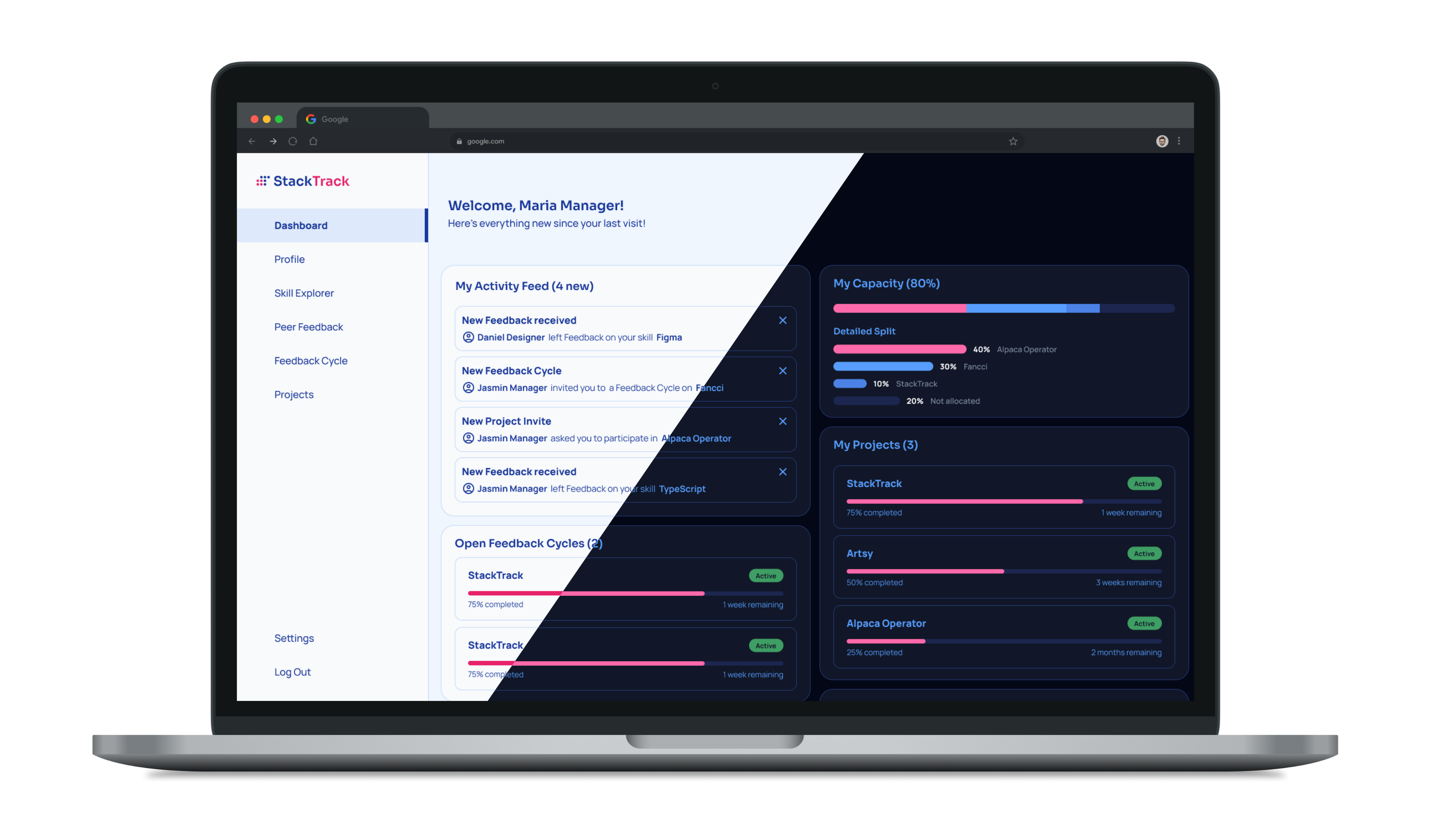 StackTrack Dashboard, divided in the middle to showcase lightmode and darkmode versions.